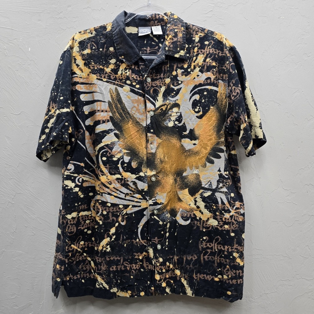 Utility Men's M Eagle Graphic Button Up Shirt Y2K Grunge Black